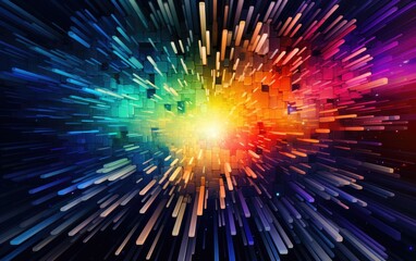 A chaotic explosion of digital pixels, each pixel a vibrant shade of the rainbow, Digital Pixel Burst: Rainbow Symphony.