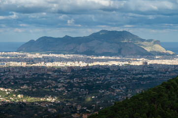 Panoramic view over the city of Palermo and the surrounding nature and mountains Palermo, Italy