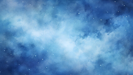 Fototapeta premium Watercolor blue sky color background with clouds and sparkling. Galaxy, universe, blue watercolor background