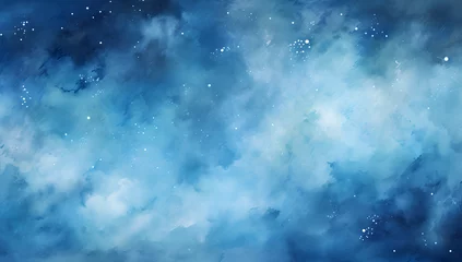 Fotobehang Watercolor blue sky color background with clouds and sparkling. Galaxy, universe, blue watercolor background © Oksana