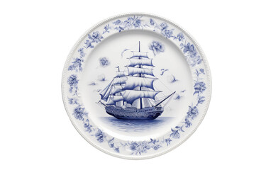 Plate with Ship and Floral Pattern Isolated on Transparent Background PNG.