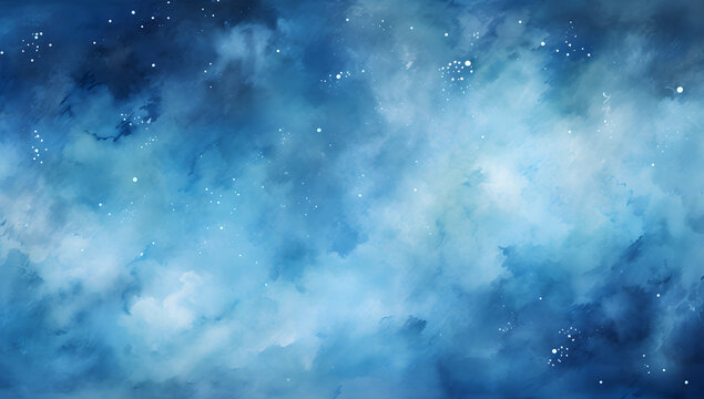 Watercolor Blue Sky Color Background With Clouds And Sparkling. Galaxy, Universe, Blue Watercolor Background