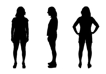 side, front and back view of a black and white silhouette of a woman wearing espadrilles and shorts