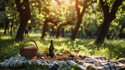 An inviting picnic blanket laid out among fruit trees, complete with a spread of fresh produce and wine, encapsulates the essence of summer.