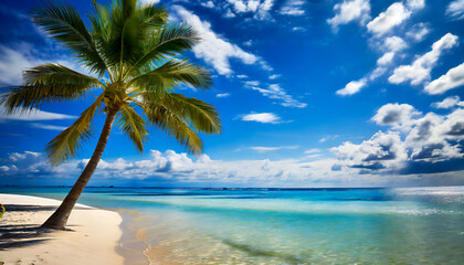 Fototapeta na wymiar Palm tree on a tropical beach, holiday and vacation concept