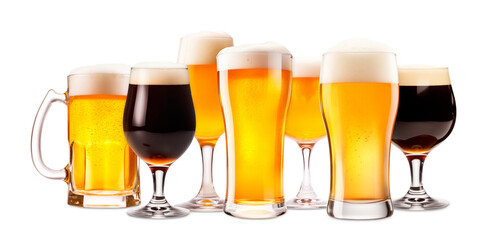 Set of Beer glasses on a white background. Mugs with drink like Ipa, Pale Ale, Pilsner, Porter or Stout