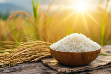 Fototapeta na wymiar White rice with sunset time background.