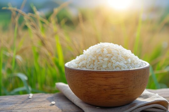 White rice with sunset time background.
