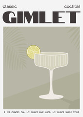 Gimlet Classic Cocktail garnished with lime slice. Classic alcoholic beverage recipe wall art print. Summer aperitif poster in muted color. Minimalist alcoholic drink placard. Vector flat illustration