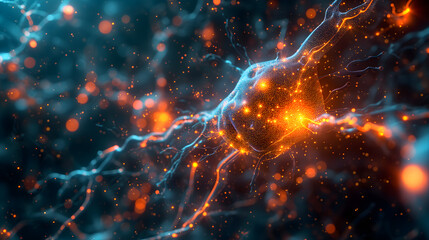 Closeup of active neural networks with glowing synapses and pathways, depicting brain activity - obrazy, fototapety, plakaty