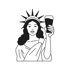 Y2k psychedelic Statue of Liberty with glass of beer monochrome line retro groovy icon vector