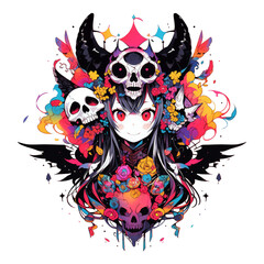 Cute and creepy kawaii chibi game character. Scary horror girl image