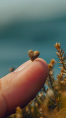 A peaceful moment captured as a person's finger delicately cradles a heart-shaped plant amidst the beauty of nature