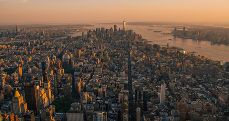 Aerial View of Lower Manhattan Architecture. Panoramic Shot of Wall Street Financial Business...