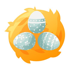 Three Easter blue eggs with patterns in a nest made of straw, top view. Cartoon nest with painted eggs on a white background. Vector illustration. Template for design on an Easter theme.