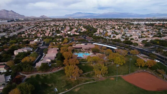 Drone Shot of Summerlin, Upscale Residential Neighborhood of Las Vegas, Nevada USA. Homes and Landscape