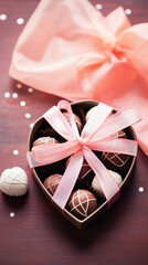 Box of chocolates with pink ribbon and bow on background.