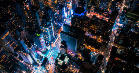 New York Concrete Jungle at Night. Aerial Shot from a Helicopter Tour Around Manhattan. Scenes with...