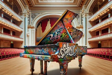 The vibrant graffiti on the grand piano harmonizes with the classical grandeur of the concert hall,...