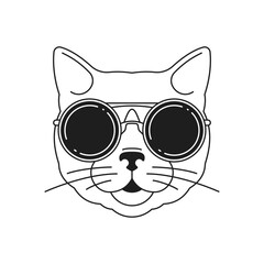 Y2k fashion cat in sunglasses portrait vogue monochrome line retro groovy icon vector illustration