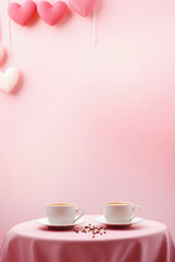Fototapeta na wymiar Valentine's day background with two cups of coffee and heart shaped balloons