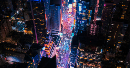 Helicopter Night Tour of New York City Architecture. Illuminated Times Square with Groups of...