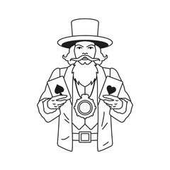 Y2k man magician sorcerer with playing card love symbol monochrome line retro groovy icon vector