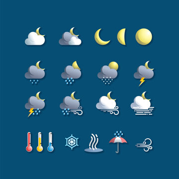 16 simple night weather icons with a gradient color style