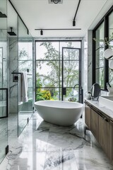 Spacious and bright bathroom design featuring marble details and a view of lush greenery outside.
