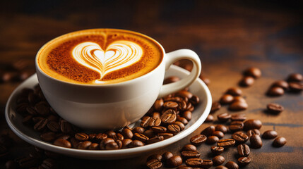 Coffee cup with latte art on wooden table background.