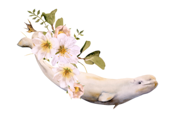 Hand-drawn watercolor beluga whale illustration isolated. White whale with white flowers. Underwater ocean creature. Marine mammal. Toothed whales animals collection