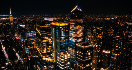 Scenic Aerial New York City View of Downtown Manhattan Architecture. Panoramic Night Image of the...