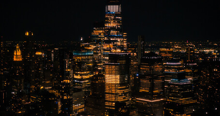 Aerial Helicopter Cinematic Night Scene with a Panoramic View with One World Trade Center...