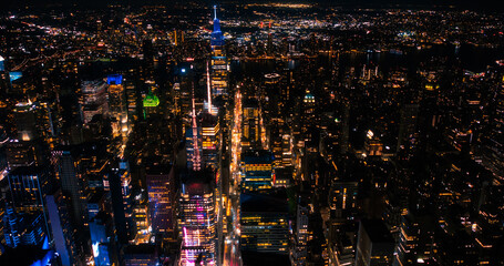 Aerial View of Manhattan Architecture at Night. Evening Photo of Financial Business District from a...