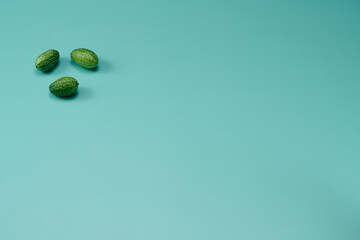 マイクロきゅうりを数粒左上に配置した緑色系背景あり俯瞰撮影