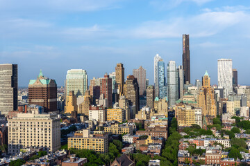 New York Skyline with Residential Neighbourhoods. Aerial Photo of Housing Complexes from a Helicopter. Panoramic View of a Big Modern City
