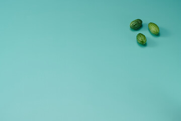 マイクロきゅうりを数粒右上に配置した緑色系背景あり俯瞰撮影