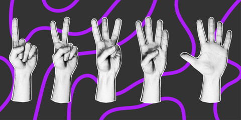Set of 5 vector elements in retro halftone style. Various hand gesture icons with number of fingers, counting by bending fingers. Pop art paper cut elements.