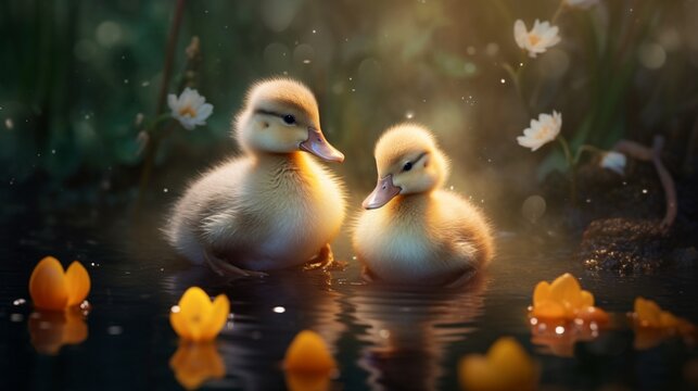 Two adorable ducklings in a pond, their fluffy down and playful quacks adding a touch of innocence to the scene, capturing the essence of childhood and curiosity.