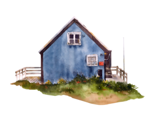 Hand-drawn watercolor Icelandic blue house with wooden fence and grass illustration isolated. Arctic cottage