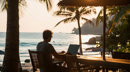 Young digital nomad working at hotel lounge next to beautiful tropical beach. Digital nomad’s lifestyle, Remote job and teleworking concept, Vacation Leave, Travel and work lifestyle.