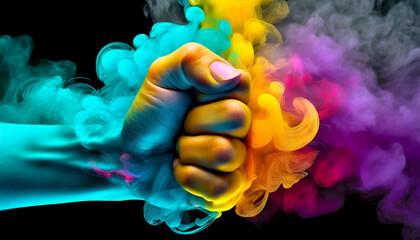 Close-up of a hand closed in a fist and multicolored smoke on a black background with copy space. Generative Ai.
