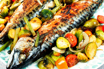 Scomber fish baked with vegetables.