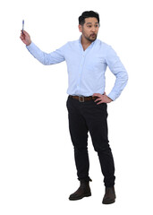 Japanese man standing and making an office presentation or teaching and explaining something on a flip chart, isolated on white background