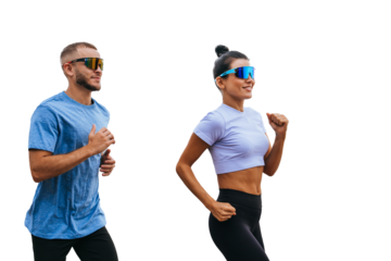 Young caucasian couple running against transparent background in sportswear and sunglasses. Fit hispanic young woman jogging outside with boyfriend.