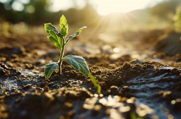 Green sprout growing from soil in the morning light. Nature background.