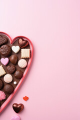 Obraz na płótnie Canvas Valentine's Day background with chocolate candies on pink background.