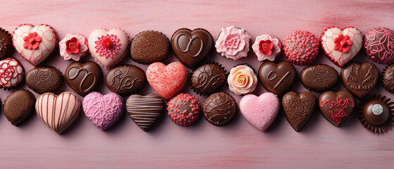 Chocolates in the form of hearts on a pink background.