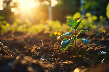 Green sprout growing from soil in the morning light. Nature background.