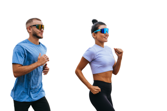 Young caucasian couple running against transparent background in sportswear and sunglasses. Fit hispanic young woman jogging outside with boyfriend.